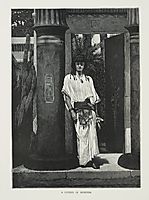A man dressed in white robes and a thick belt, leaning against a pillar, 1878, almatadema