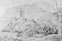 Drawing of the castles of Alsacien Ortenberg (right) and Ramstein (left), 1514, baldung