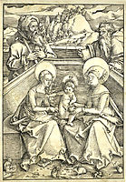 The Holy Family with Saint Anne and Saint Joachim Gravure sur bois vers realisee 1510 1511 (Allemagne) 5 lapins se trouvent aux pieds de la Sai.jpg, 1511, baldung