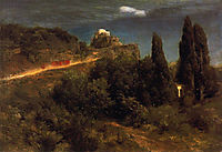 Soldiers amount towards a mountain fortress, bocklin