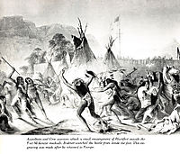 Assiniboin and Cree warriors attack Blackfeet, bodmer