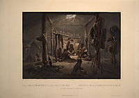 The Interior of a Hut of a Mandan Chief, plate 19 from Volume 2 of -Travels in the Interior of North America-, 1844, bodmer