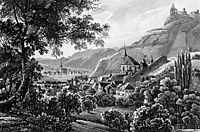 The town Traben Trarbach and the Grevenburg on the Moselle River in Germany, 1841, bodmer