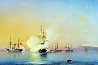 The battle of fregate Flora against Turkish steamships near Pitsunda November, 11 1853, 1854, bogolyubov