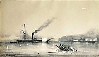 Steamship Kolkhida fighting the Turkish boats at the St. Nicholas Fort near Poti, Georgia during the Crimean War in 1853, 1854, bogolyubov
