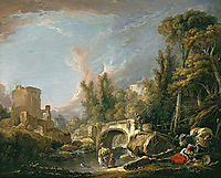 River Landscape with Ruin and Bridge, boucher
