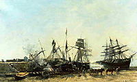 The port Portrieux at low tide unloading fish, 1873, boudin