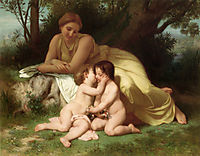 Young woman contemplating two embracing children, 1861, bouguereau