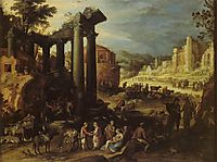 The Campo Vaccino with a Gypsy Woman Reading a Palm, 1603, bril