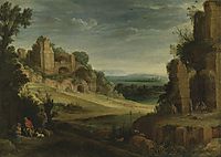Landscape with a Hunting Party and Roman Ruins, bril