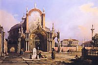 Capriccio of a Round Church with an Elaborate Gothic Portico in a Piazza, a Palladian Piazza and a Gothic Church Beyond, 1755, canaletto