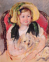 Sara with Her Dog, in an Armchair, Wearing a Bonnet with a Plum Ornament, 1901, cassatt