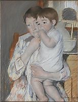 Woman and child in front of a shelf which are placed a jug and basin, 1889, cassatt