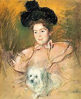 Woman in Raspberry Costume Holding a Dog, 1900, cassatt