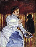 Woman on a Striped with a Dog (also known as Young Woman on a Striped Sofa with Her Dog), c.1875, cassatt