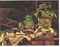Flower pot at a table, cezanne