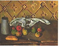 Still life with apples, servettes and a milkcan, 1880, cezanne