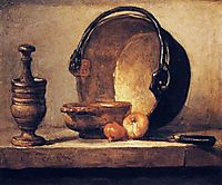 Still Life with Pestle, Bowl, Copper Cauldron, Onions and a Knife, chardin