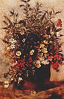 Autumn berries and flowers in brown pot, constable