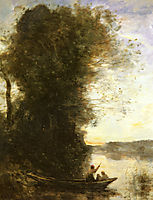 The Boatman Left the Bank with a Woman and a Child Sitting in his Boat, Sunset, corot
