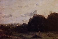 Fields with a Village on the Horizon, Two Figures in the Foreground, corot