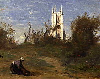 Landscape with a White Tower, Souvenir of Crecy, c.1874, corot