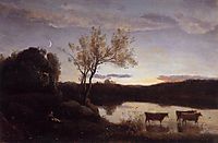 A Pond with three Cows and a Crescent Moon, c.1850, corot