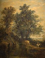 A Stream, Bridge, Trees and Two Figures in a Landscape, crome