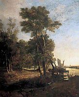 Woodland with a River and Barges with Sails, crome