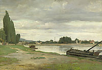 River landscape with barge moored, daubigny