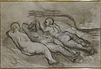 Study of three naked women lying at the foot of a cliff, daumier
