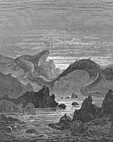 And seems a moving land  and at his gills Draws in, and at his trunk spouts out, a sea, dore