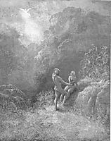 So parted they  the Angel up to heaven From the thick shade, and Adam to his bower, dore
