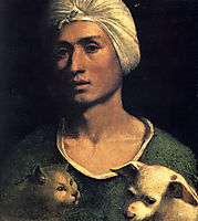 Portrait of a young man with a dog and a cat, dossi
