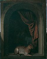A cat at the window of a painters- studios, 1657, dou