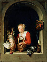 The Dutch Housewife or, The Woman Hanging a Cockerel in the Window, 1650, dou