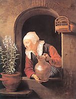 Old Woman Watering Flowers, 1665, dou