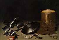 Still life with armor, shield, halberd, sword, leather jacket and drum, dou