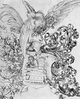 Coat of arms with open man behind , durer