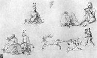 Study sheet with fools, Faun, Phoenix and Deer Hunting, durer