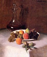 A Carafe of Wine and Plate of Fruit on a White Tablecloth, 1865, fantinlatour