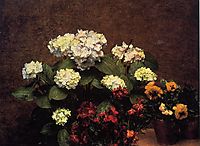 Hydrangias, Cloves and Two Pots of Pansies, 1879, fantinlatour