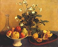Still life. Flowers, Bowl of Fruit and Pitcher, 1865, fantinlatour