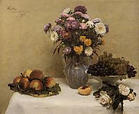 White Roses, Chrysanthemums in a Vase, Peaches and Grapes on a Table with a White Tablecloth, 1876, fantinlatour