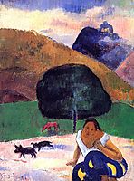 Landscape with black pigs and a crouching Tahitian, 1891, gauguin