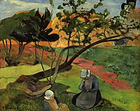 Landscape with two breton women, 1889, gauguin