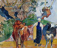Peasant Woman and Cows in a Landscape, 1890, gauguin