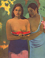 Two Tahitian women offering red fruits and pink flowers (Blossom Mango), gauguin
