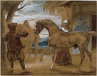 Arabian Stallion led by two Arabians to breed, gericault