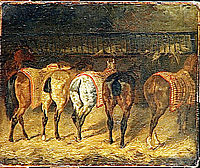 Five horses seen from behind with croupes in a stable, 1822, gericault